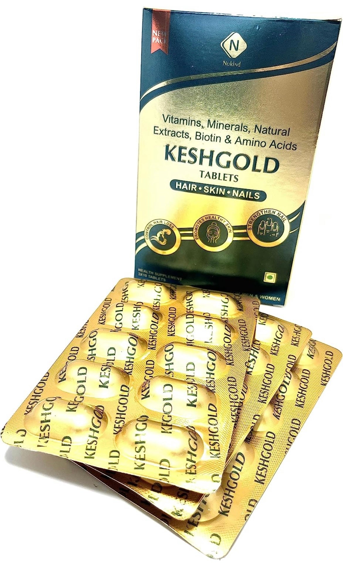 Nukind Kesh Gold Tablets with Biotin, Amino Acid, Vitamins and Natural Extracts Formula for Healthy Hair
Pack of 3 (30 tablets)