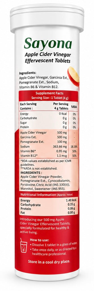 Sayona Apple Cider Vinegar Effervescent Tablets with Garcinia & Pomegranate Extract, Vitamin B6 & B12 | 20 Tablets pack of 2