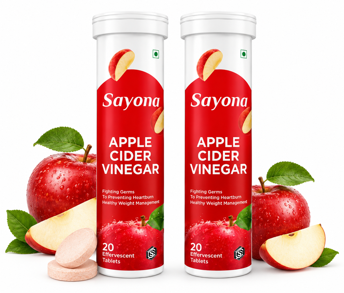 Sayona Apple Cider Vinegar Effervescent Tablets with Garcinia & Pomegranate Extract, Vitamin B6 & B12 | 20 Tablets pack of 2