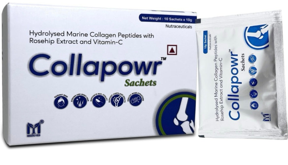 Medicyes Collapowr Hydrolysed Marine Collagen Peptide With Rosehip Extract And Vitamin C sachets, Orange flavour (10x10gm)