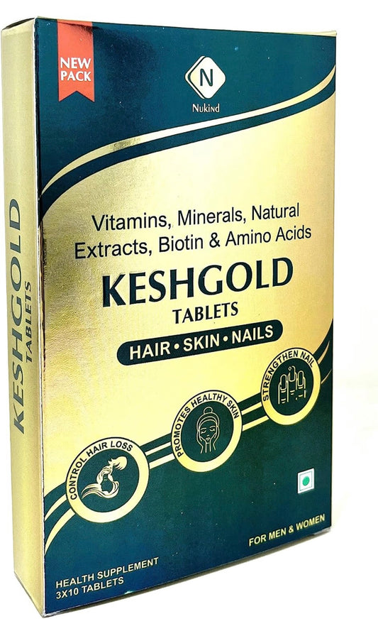 Nukind  Kesh Gold Tablets with Biotin, Amino Acid, Vitamins and Natural Extracts Formula for Healthy Hair

Pack of 3 (30 tablets)