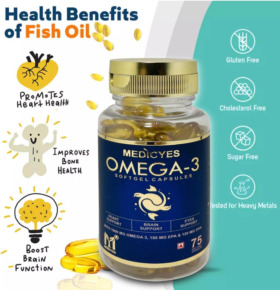 Medicyes Omega 3 Fish Oil 1000mg (75 Softgel Capsules)